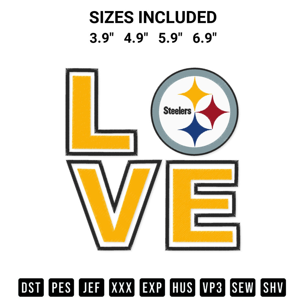 Elevate your next project with our Love Pittsburgh Steelers Embroidery Design embroidery file. Shop high-quality digital patterns instantly at Designspacks.com. Available sizes: 3.9", 4.9", 5.9", 6.9".
