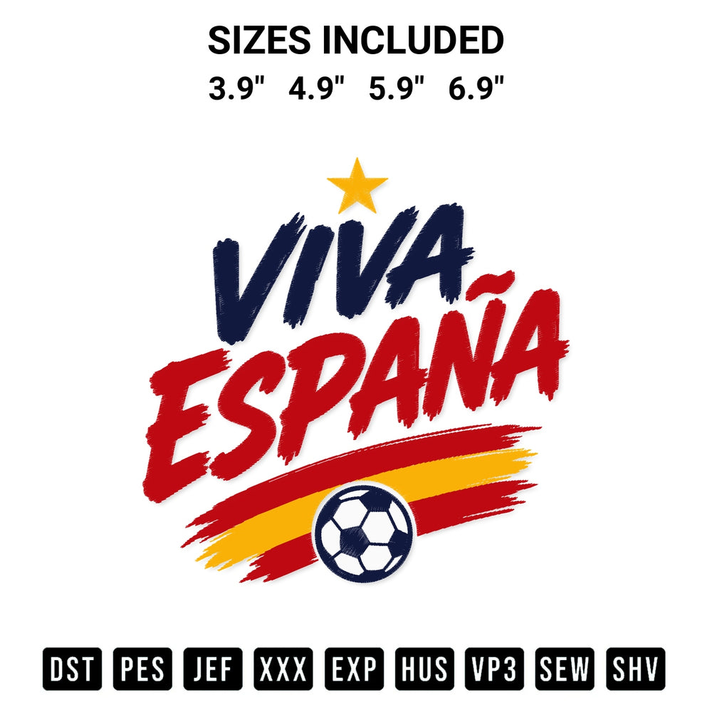 Discover the perfect addition to your crafting collection: Viva Espana Football Embroidery Design embroidery file. Instantly available at Designspacks.com. Available sizes: 3.9", 4.9", 5.9", 6.9".