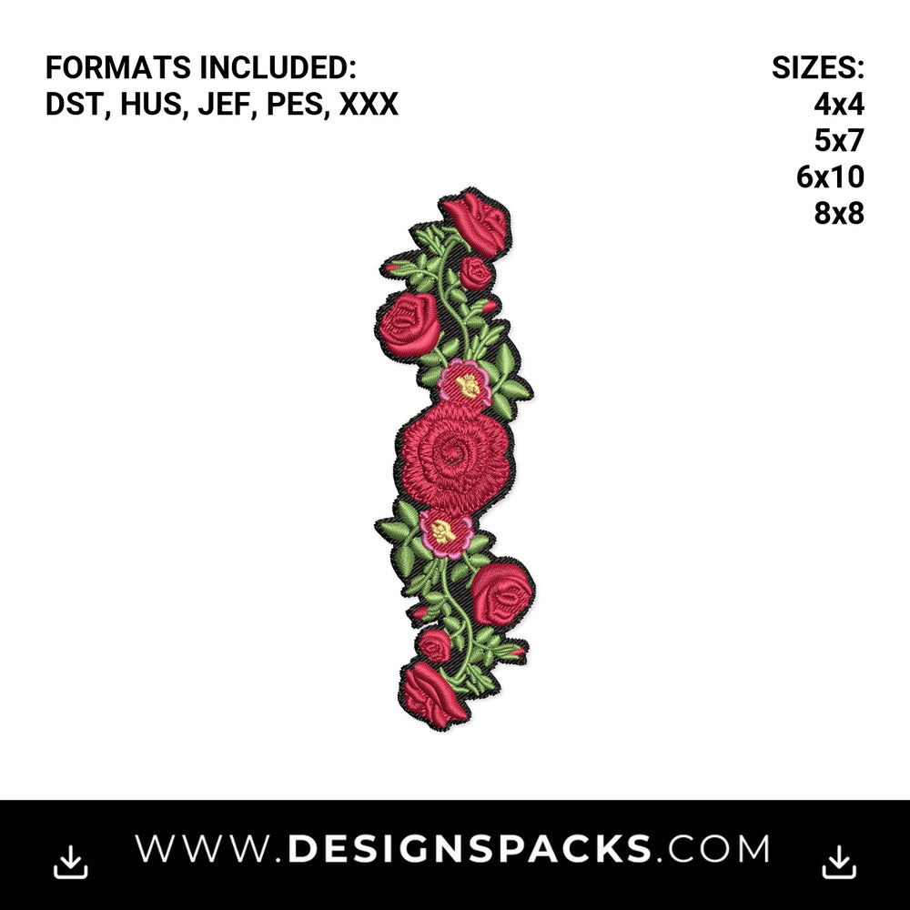 Red Rose Floral Vine Border Embroidery Design - Instant digital download pattern at Designspacks.com