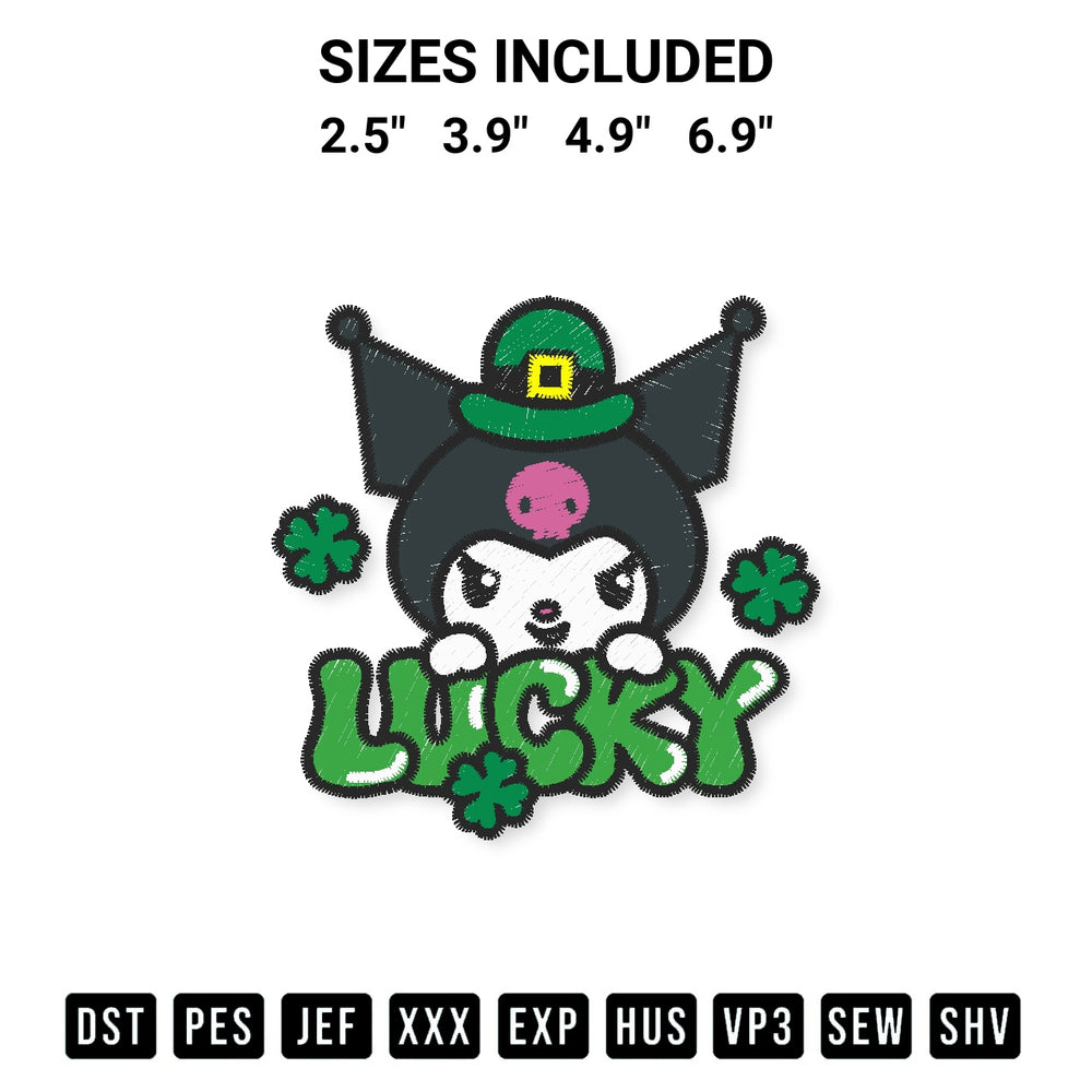 Get the Lucky Kuromi St Patricks Day Embroidery Design embroidery design for your custom crafts! Premium digitized files available for instant download at Designspacks.com. Available sizes: 2.5", 3.9", 4.9", 6.9".