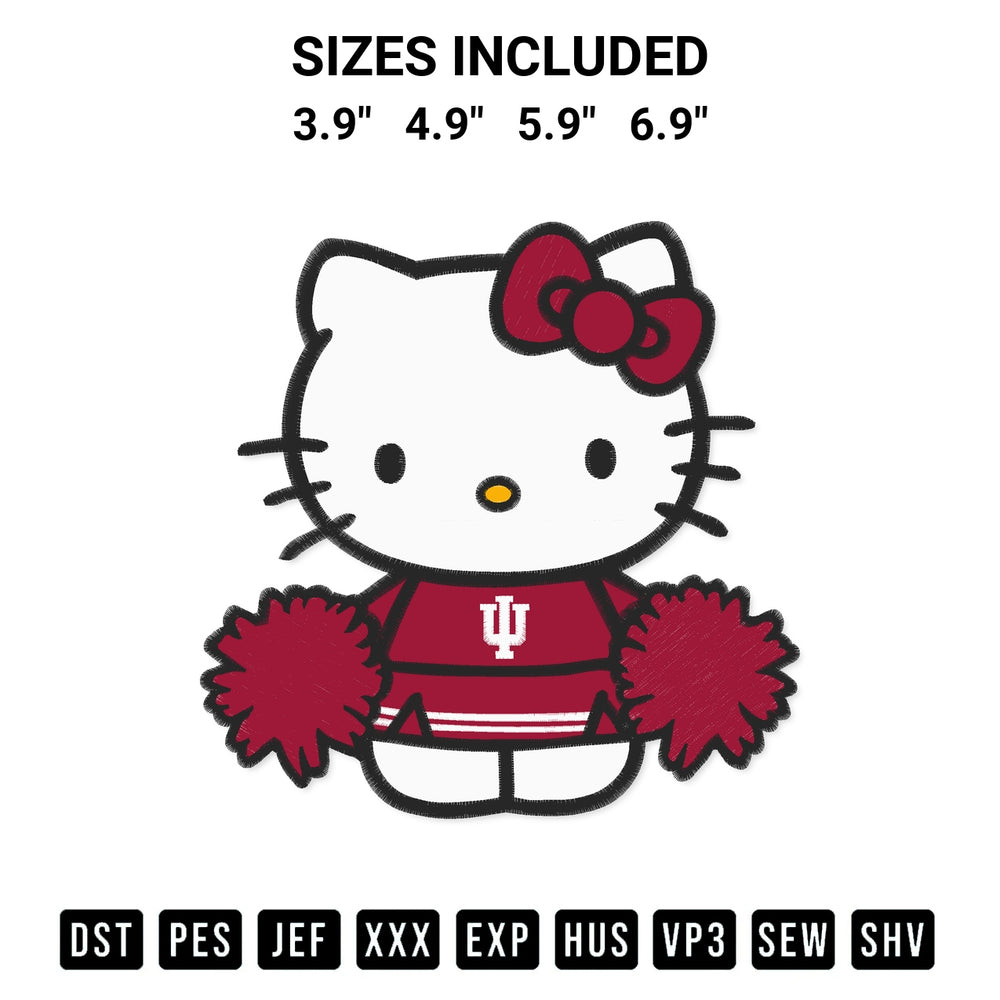 Shop the Indiana Hoosiers Hello Kitty Cheerleader Embroidery Design machine embroidery pattern at Designspacks.com. Beautifully digitized for flawless stitching on any fabric. Available sizes: 3.9", 4.9", 5.9", 6.9".