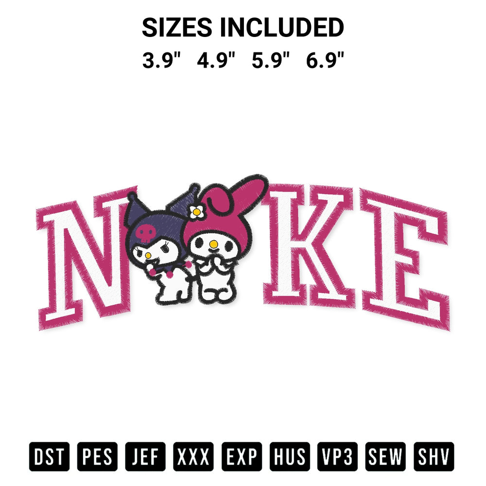 Shop the Nike Sanrio Kuromi And My Melody Embroidery Design machine embroidery pattern at Designspacks.com. Beautifully digitized for flawless stitching on any fabric. Available sizes: 3.9", 4.9", 5.9", 6.9".
