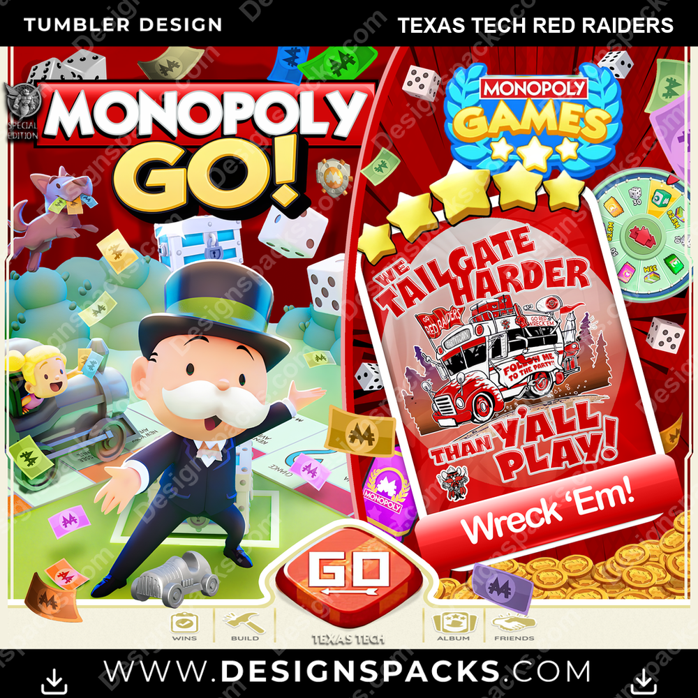 College Sport Monopoly Go! Texas Tech Red Raiders NCAA College Sport Tumbler Digital Wrap Design Download