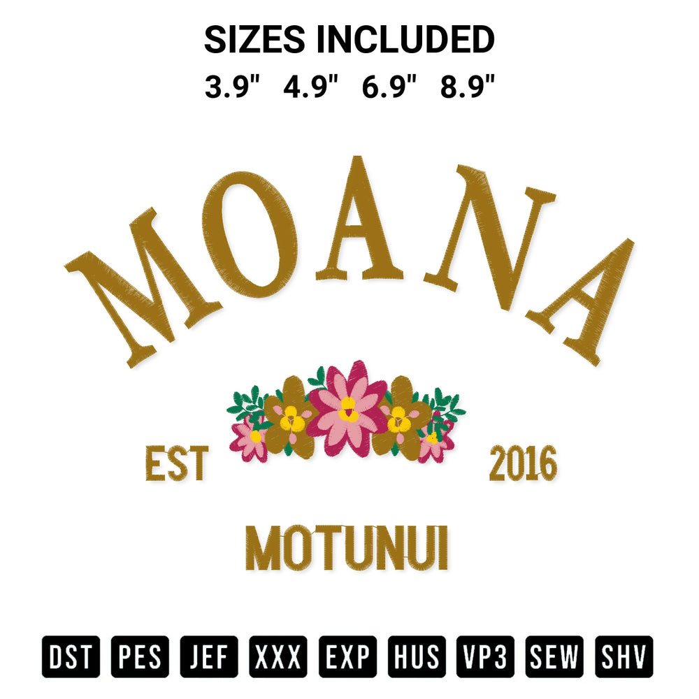 Looking for the perfect pattern? Download the Moana Est 2016 Motunui Embroidery Design embroidery design today at Designspacks.com. Crisp, clean stitching guaranteed. Available sizes: 3.9", 4.9", 6.9", 8.9".