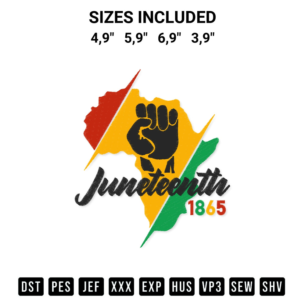 Looking for the perfect pattern? Download the Juneteenth 1865 Logo Embroidery Design embroidery design today at Designspacks.com. Crisp, clean stitching guaranteed. Available sizes: 4,9", 5,9", 6,9", 3,9".