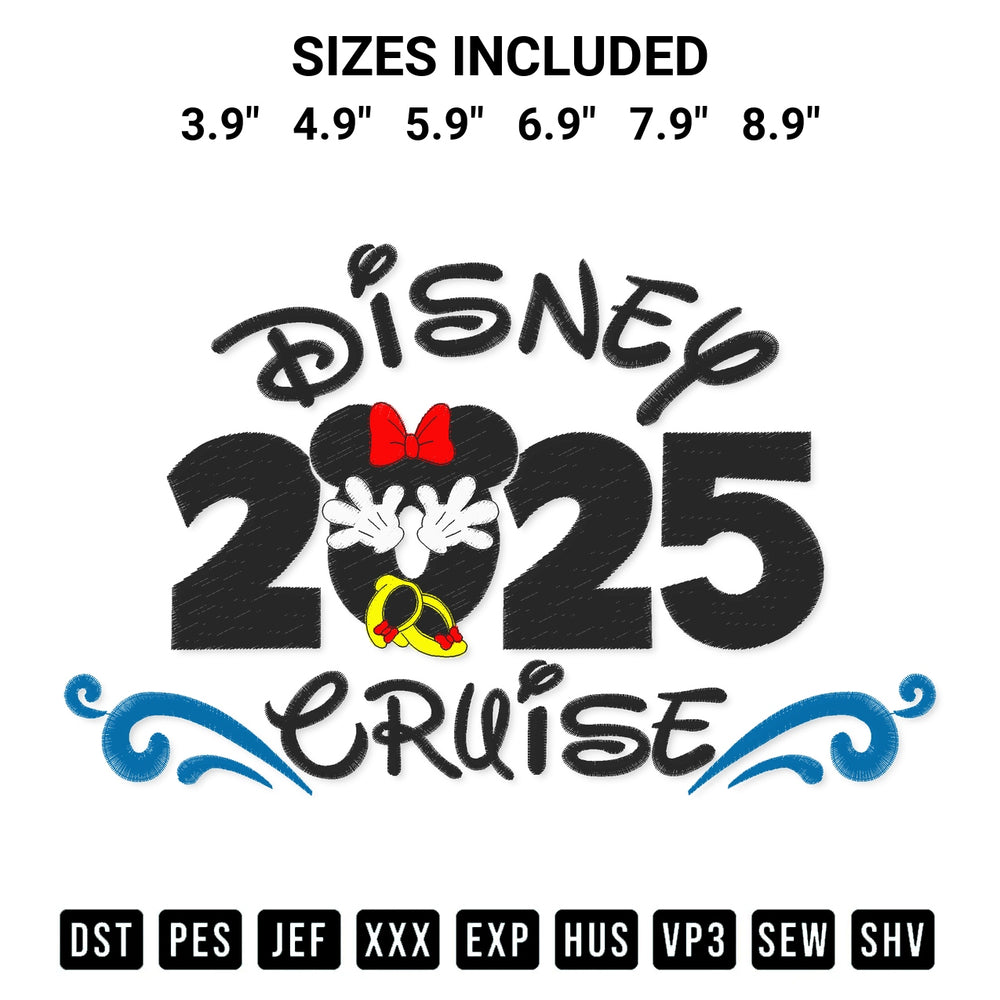 Shop the Disney Cruise Minnie 2025 Embroidery Design machine embroidery pattern at Designspacks.com. Beautifully digitized for flawless stitching on any fabric. Available sizes: 3.9", 4.9", 5.9", 6.9", 7.9", 8.9".