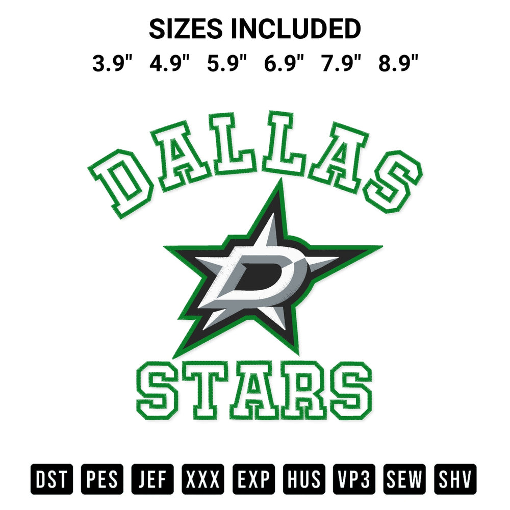 Shop the Dallas Stars Team Embroidery Design machine embroidery pattern at Designspacks.com. Beautifully digitized for flawless stitching on any fabric. Available sizes: 3.9", 4.9", 5.9", 6.9", 7.9", 8.9".