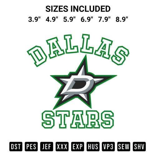 Shop the Dallas Stars Team Embroidery Design machine embroidery pattern at Designspacks.com. Beautifully digitized for flawless stitching on any fabric. Available sizes: 3.9