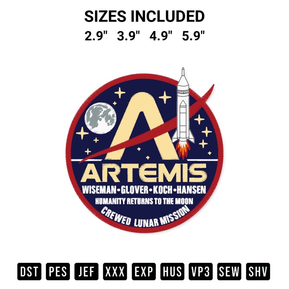Elevate your next project with our Nasa Artemis 2 Crewed Lunar Mission Embroidery Design embroidery file. Shop high-quality digital patterns instantly at Designspacks.com. Available sizes: 2.9", 3.9", 4.9", 5.9".