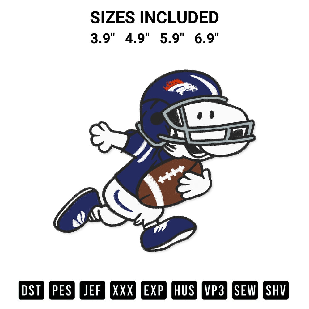 Download the Snoopy Denver Broncos Nfl Embroidery Design machine embroidery design exclusively at Designspacks.com. Premium digitized pattern for apparel and DIY crafts. Available sizes: 3.9", 4.9", 5.9", 6.9".