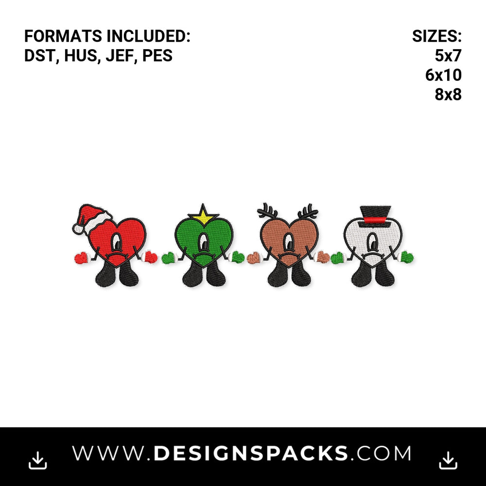 Christmas Bad Bunny Sad Hearts Embroidery Design - Instant digital download pattern at Designspacks.com