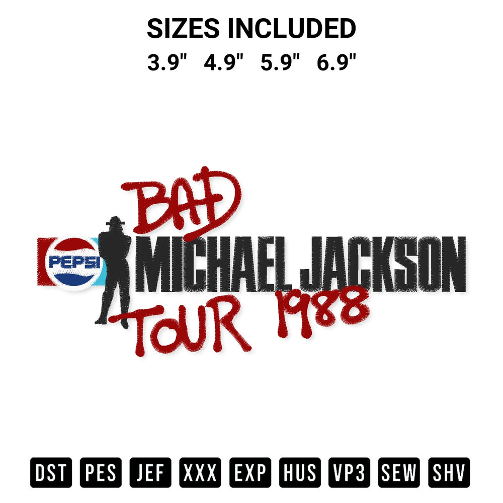 Create amazing crafts with the Michael Jackson Bad Tour 1988 Embroidery Design embroidery file. High-quality digital download from Designspacks.com, perfect for beginners and pros. Available sizes: 3.9", 4.9", 5.9", 6.9".