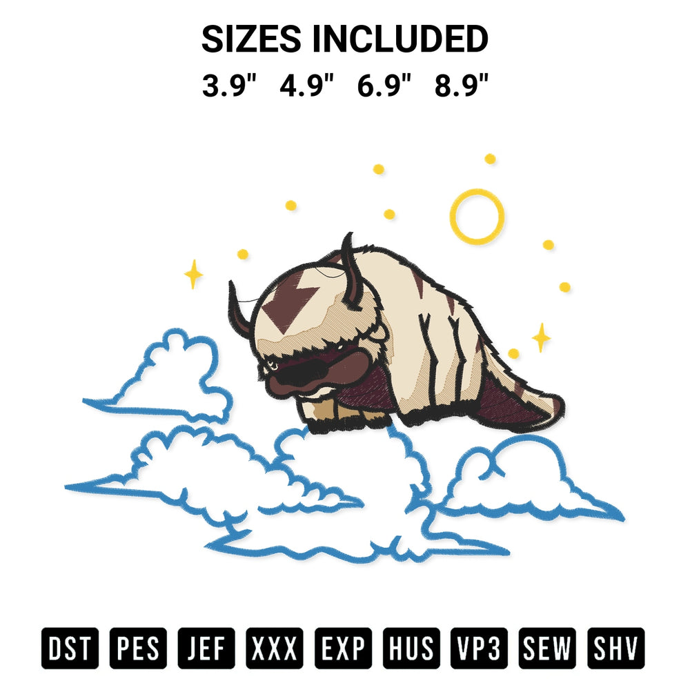 Looking for the perfect pattern? Download the Anime Appa Sky Bison Embroidery Design embroidery design today at Designspacks.com. Crisp, clean stitching guaranteed. Available sizes: 3.9", 4.9", 6.9", 8.9".