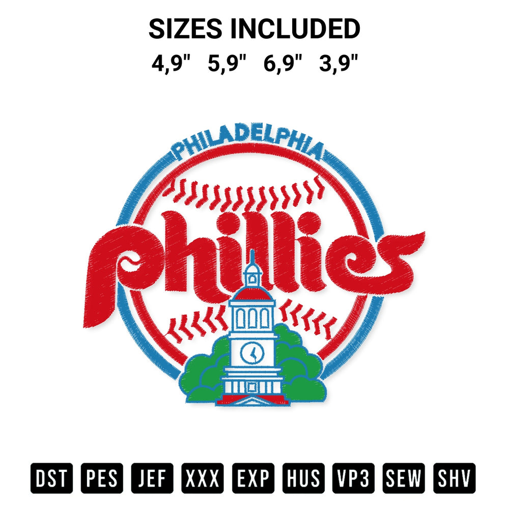 Create amazing crafts with the Mlb Logo Philadelphia Phillies Baseball Logo Embroidery Design embroidery file. High-quality digital download from Designspacks.com, perfect for beginners and pros. Available sizes: 4,9", 5,9", 6,9", 3,9".
