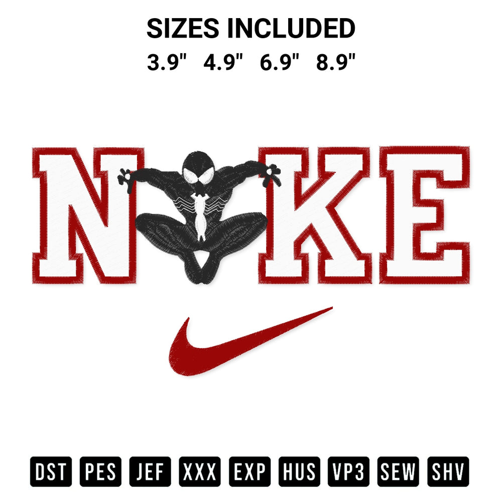 Shop the Spiderman Black X Nike Embroidery Design machine embroidery pattern at Designspacks.com. Beautifully digitized for flawless stitching on any fabric. Available sizes: 3.9", 4.9", 6.9", 8.9".