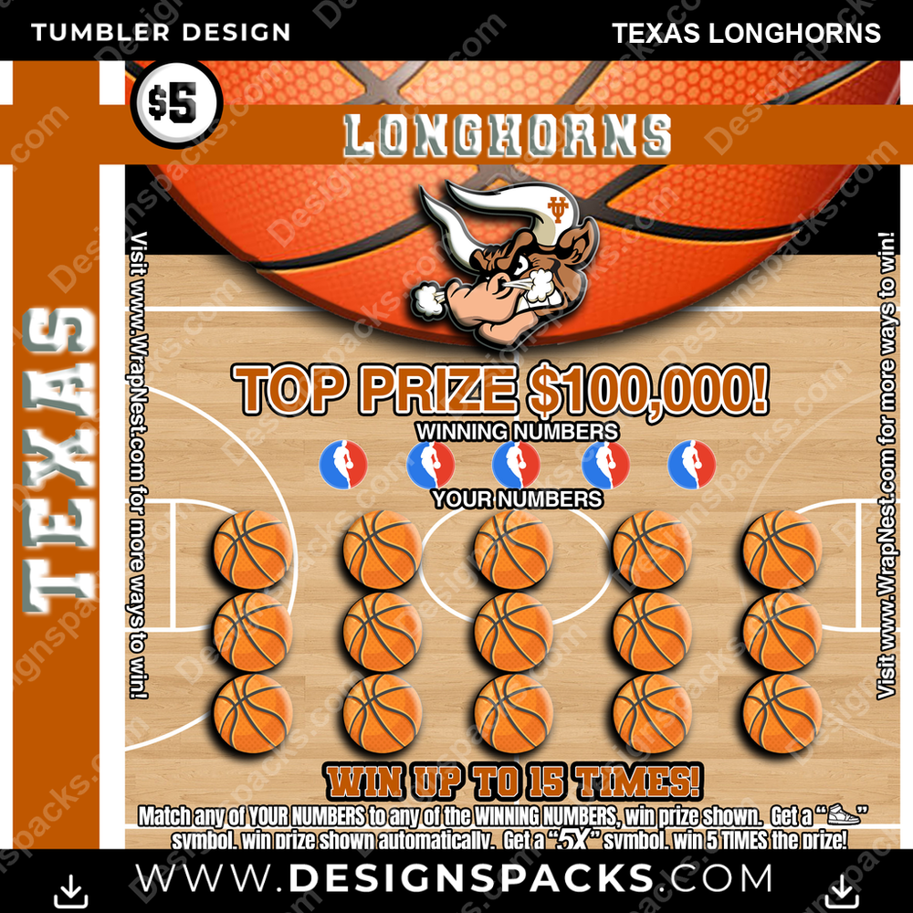 College Sport Lottery Ticket (BASKETBALL) Texas Longhorns Tumbler Digital Wrap Design