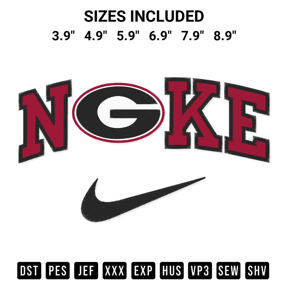 Create amazing crafts with the Georgia Bulldogs X Nike Embroidery Design embroidery file. High-quality digital download from Designspacks.com, perfect for beginners and pros. Available sizes: 3.9", 4.9", 5.9", 6.9", 7.9", 8.9".
