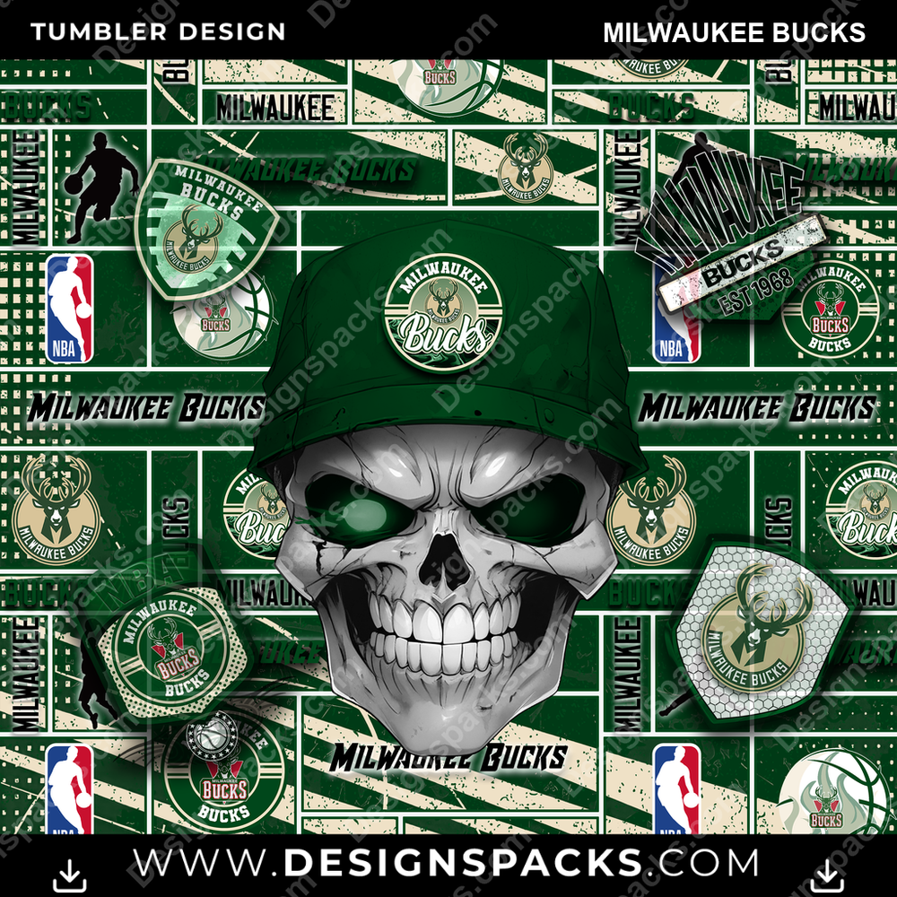 Basketball Skull Milwaukee Bucks Tumbler Digital Wrap Design
