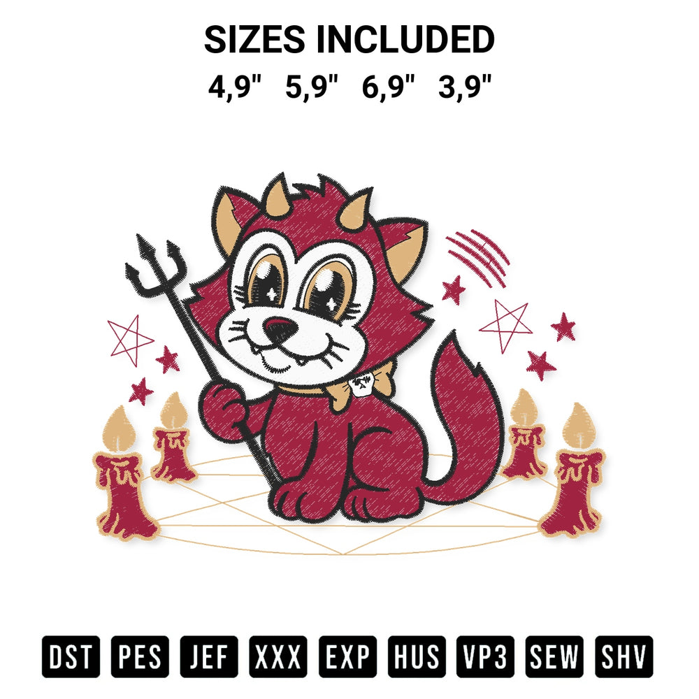 Get the Hellcat Cartoon Kawaii Devil Chonky Cat Witchcraft Logo Embroidery Design embroidery design for your custom crafts! Premium digitized files available for instant download at Designspacks.com. Available sizes: 4,9", 5,9", 6,9", 3,9".