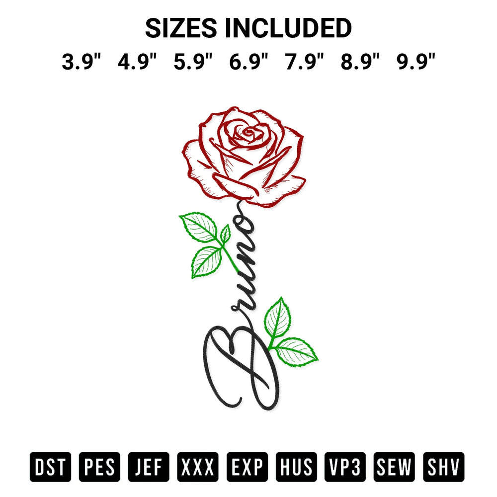 Transform your fabrics with the Bruno Rose Embroidery Design embroidery design. Instant access to premium digitized patterns at Designspacks.com. Available sizes: 3.9", 4.9", 5.9", 6.9", 7.9", 8.9", 9.9".