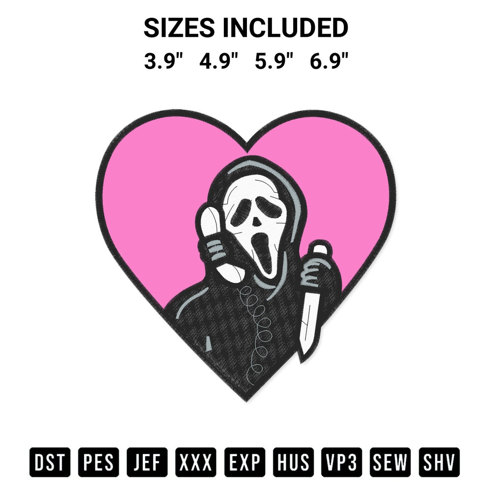Get the Heart Ghostface Calling Halloween Embnroidery Embroidery Design embroidery design for your custom crafts! Premium digitized files available for instant download at Designspacks.com. Available sizes: 3.9", 4.9", 5.9", 6.9".