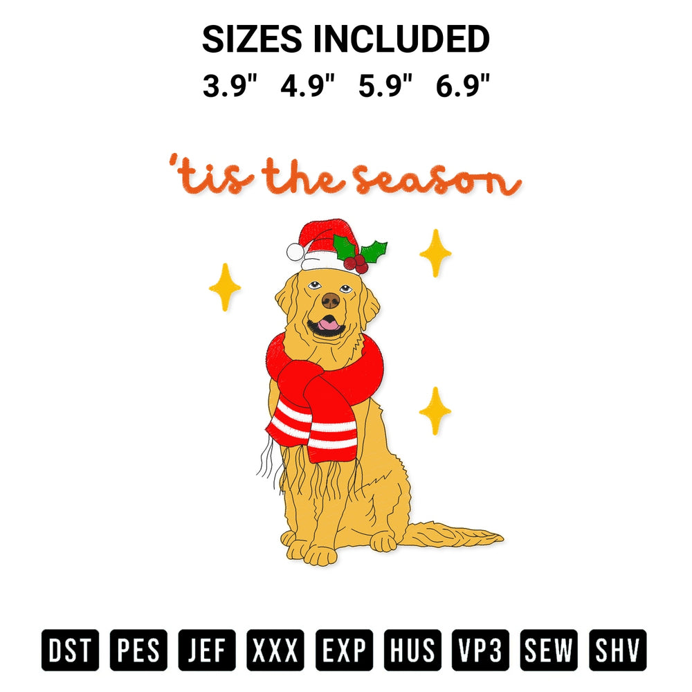 Stitch like a pro with the Tis The Season Christmas Golden Retriever Dog Embroidery Design embroidery pattern from Designspacks.com. High-quality digital machine embroidery file. Available sizes: 3.9", 4.9", 5.9", 6.9".