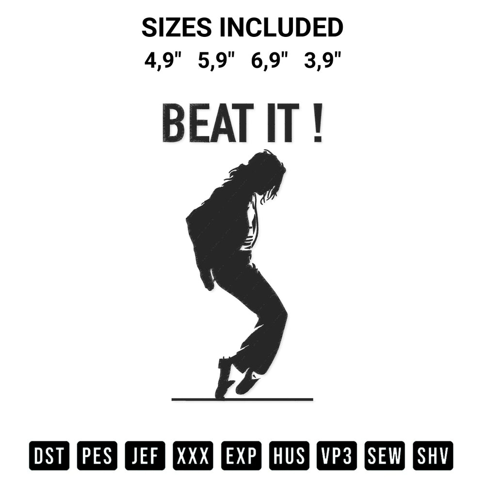 Add a unique touch to your apparel with the Michael Jackson Beat It Michael Jackson Gift For Fan Logo Embroidery Design embroidery file. Premium instant download available now on Designspacks.com. Available sizes: 4,9", 5,9", 6,9", 3,9".