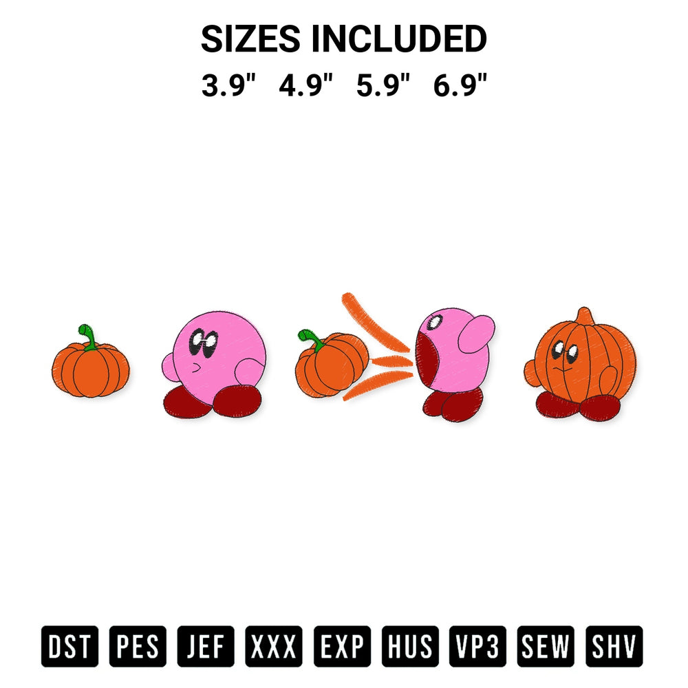 Stitch like a pro with the Kirby Pumpkin Halloween Embroidery Design embroidery pattern from Designspacks.com. High-quality digital machine embroidery file. Available sizes: 3.9", 4.9", 5.9", 6.9".