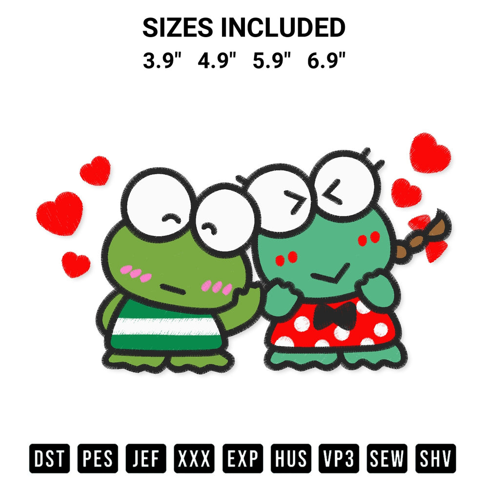Shop the Keroppi And Keroleen Valentine Embroidery Design machine embroidery pattern at Designspacks.com. Beautifully digitized for flawless stitching on any fabric. Available sizes: 3.9", 4.9", 5.9", 6.9".