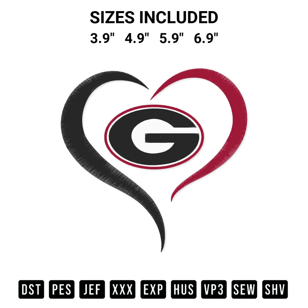 Discover the perfect addition to your crafting collection: Heart Georgia Bulldogs Embroidery Design embroidery file. Instantly available at Designspacks.com. Available sizes: 3.9", 4.9", 5.9", 6.9".