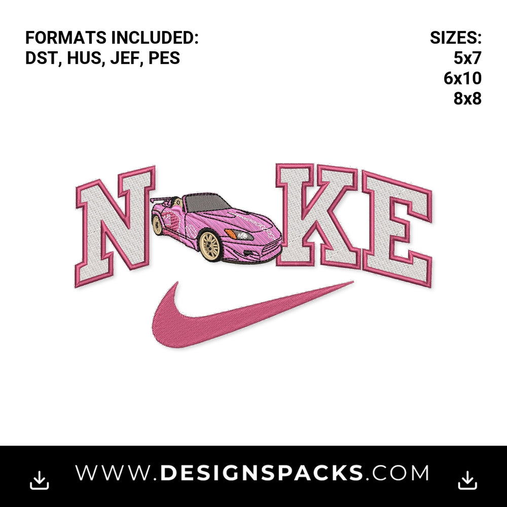 Pink Sports Car Swoosh Logo Embroidery Design - Instant digital download pattern at Designspacks.com