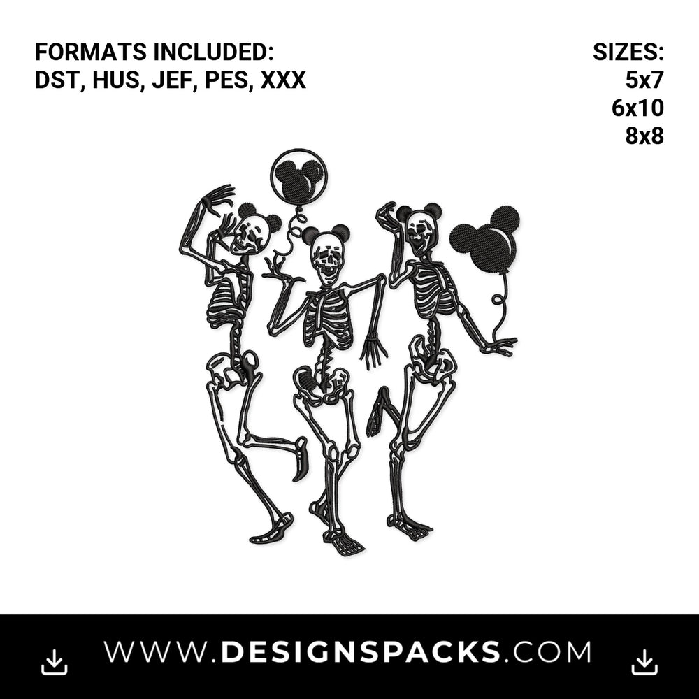 Dancing Skeletons Mouse Ears Pattern Embroidery Design - Instant digital download pattern at Designspacks.com