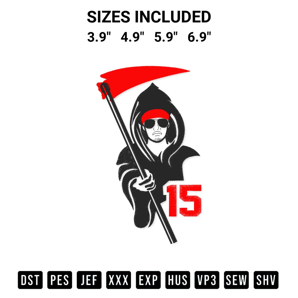 Create amazing crafts with the Patrick Mahomes Grim Reaper Embroidery Design embroidery file. High-quality digital download from Designspacks.com, perfect for beginners and pros. Available sizes: 3.9", 4.9", 5.9", 6.9".