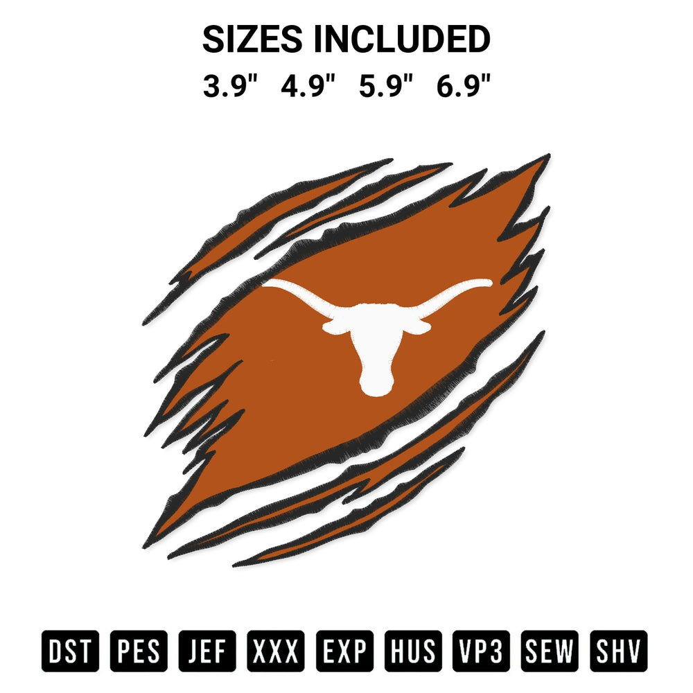 Discover the perfect addition to your crafting collection: Texas Longhorns Claw Embroidery Design embroidery file. Instantly available at Designspacks.com. Available sizes: 3.9", 4.9", 5.9", 6.9".