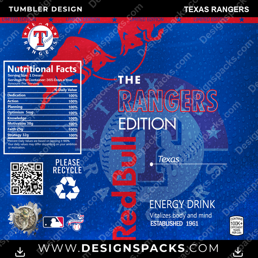 Baseball Red Bull Texas Rangers Tumbler Digital Wrap Design