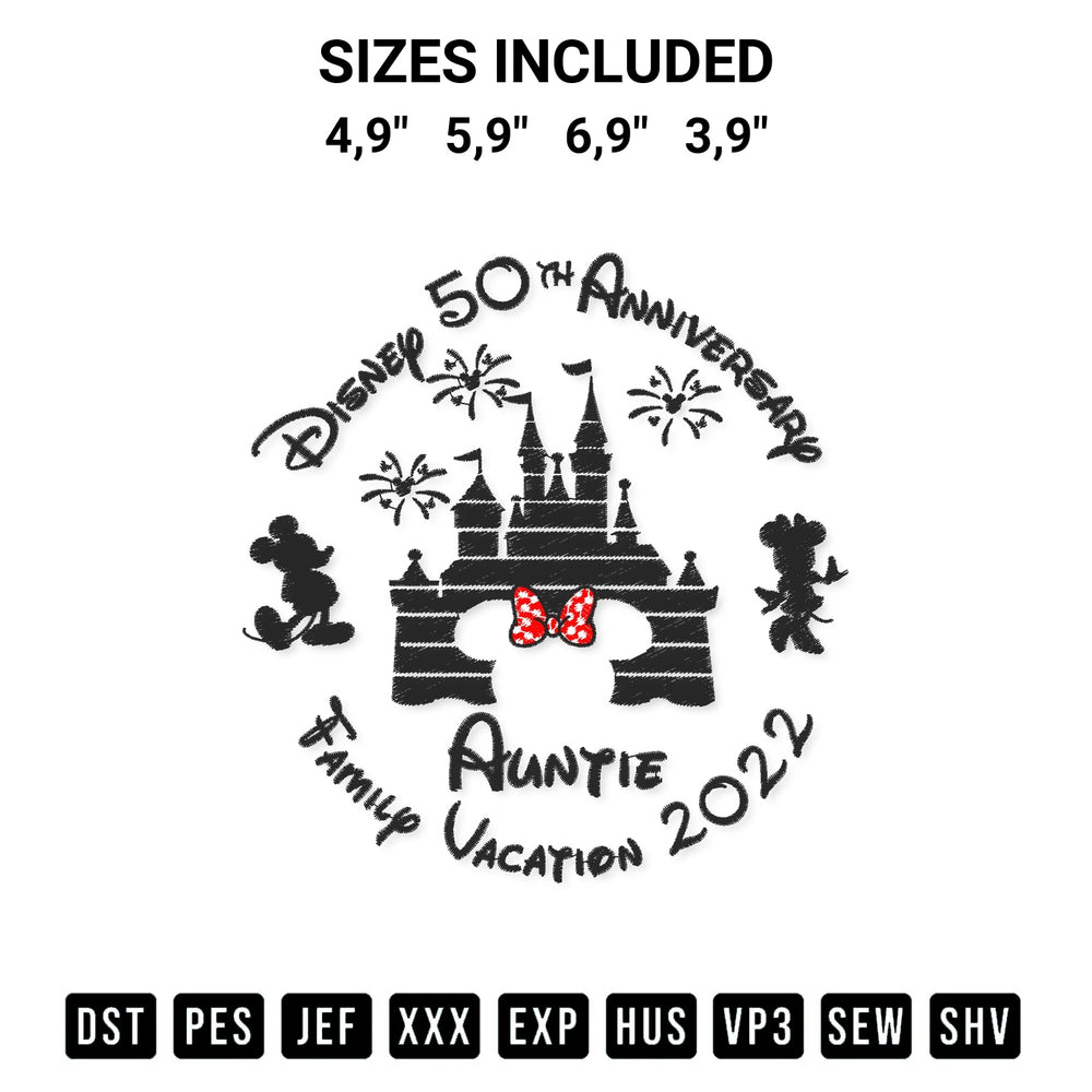 Shop the Auntie Disney 50Th Anniversary Family Vacation 2022 Disney Kids Logo Embroidery Design machine embroidery pattern at Designspacks.com. Beautifully digitized for flawless stitching on any fabric. Available sizes: 4,9", 5,9", 6,9", 3,9".