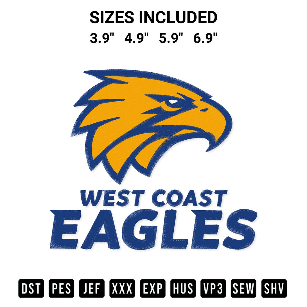 Get the Afl West Coast Eagles Logo Embroidery Design embroidery design for your custom crafts! Premium digitized files available for instant download at Designspacks.com. Available sizes: 3.9", 4.9", 5.9", 6.9".