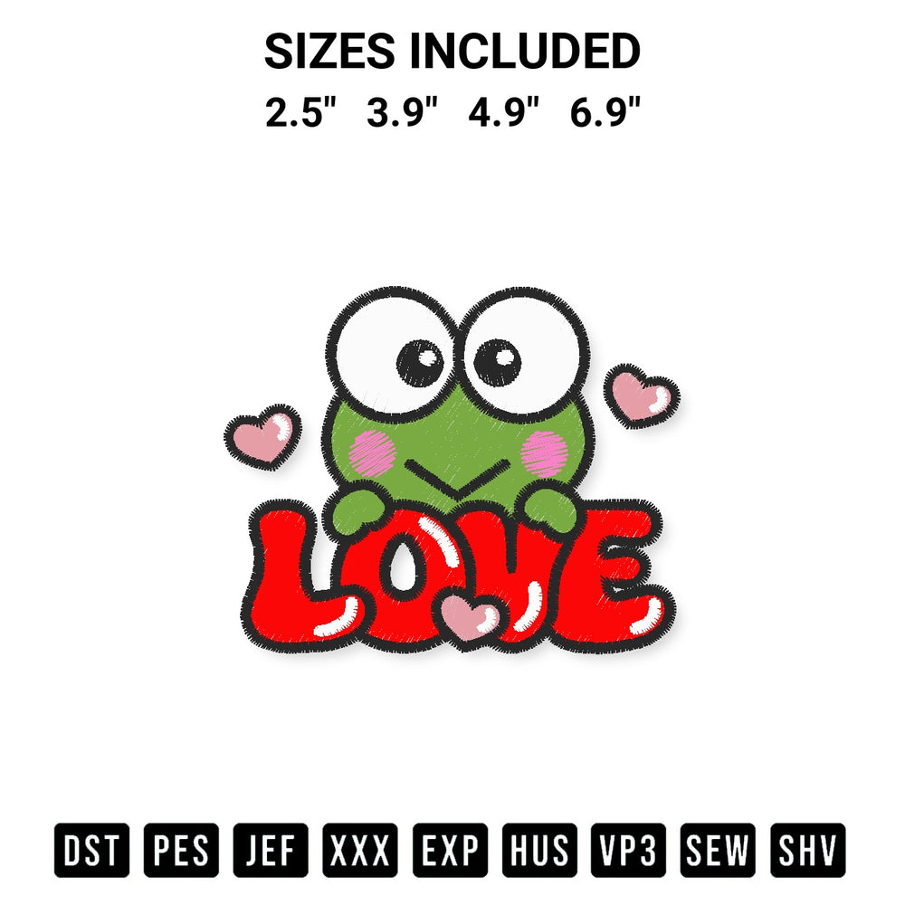 Looking for the perfect pattern? Download the Love Keroppi Valentine Embroidery Design embroidery design today at Designspacks.com. Crisp, clean stitching guaranteed. Available sizes: 2.5", 3.9", 4.9", 6.9".