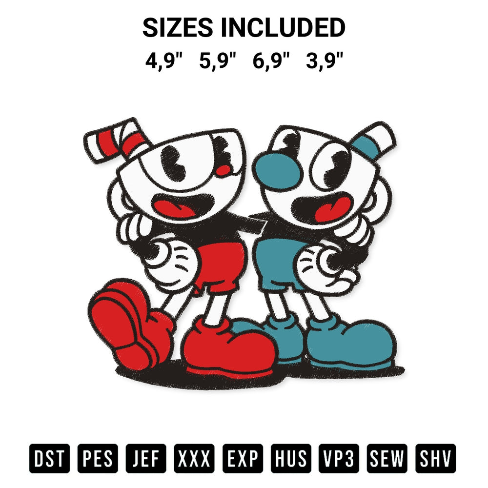 Get the Cuphead And Mugman Logo Embroidery Design embroidery design for your custom crafts! Premium digitized files available for instant download at Designspacks.com. Available sizes: 4,9", 5,9", 6,9", 3,9".