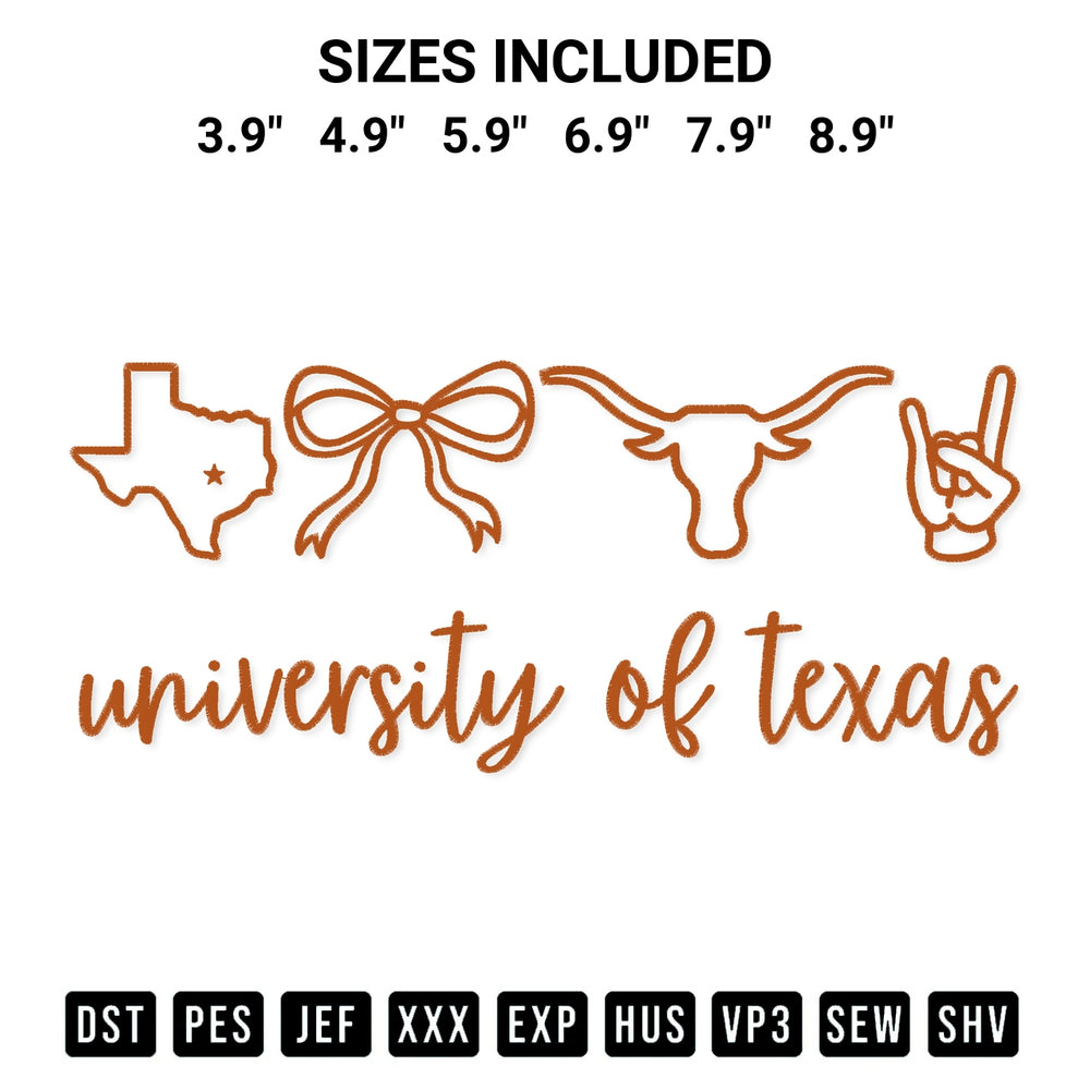 Shop the University Of Texas Longhorns Embroidery Design machine embroidery pattern at Designspacks.com. Beautifully digitized for flawless stitching on any fabric. Available sizes: 3.9", 4.9", 5.9", 6.9", 7.9", 8.9".