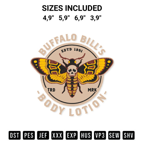 Transform your fabrics with the Buffalo Bills Body Lotion Deaths Head Moth Horror Distressed Vintage Logo Embroidery Design embroidery design. Instant access to premium digitized patterns at Designspacks.com. Available sizes: 4,9