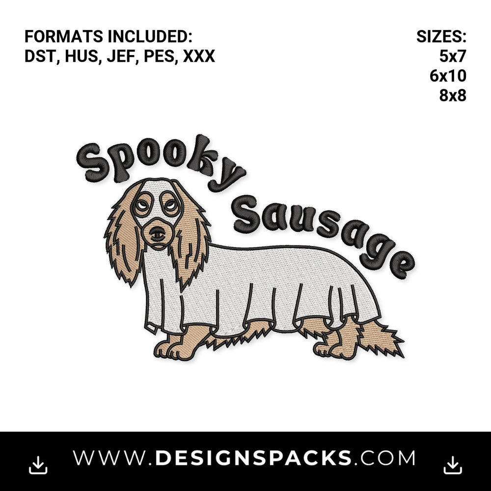 Spooky Sausage Ghost Dachshund Embroidery Design - Instant digital download pattern at Designspacks.com