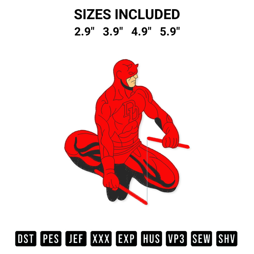 Download the Daredevil Embroidery Design machine embroidery design exclusively at Designspacks.com. Premium digitized pattern for apparel and DIY crafts. Available sizes: 2.9", 3.9", 4.9", 5.9".
