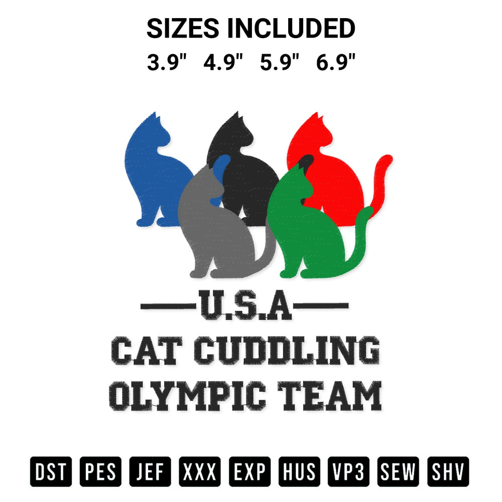 Add a unique touch to your apparel with the Usa Cat Cuddling Olympic Team Embroidery Design embroidery file. Premium instant download available now on Designspacks.com. Available sizes: 3.9", 4.9", 5.9", 6.9".