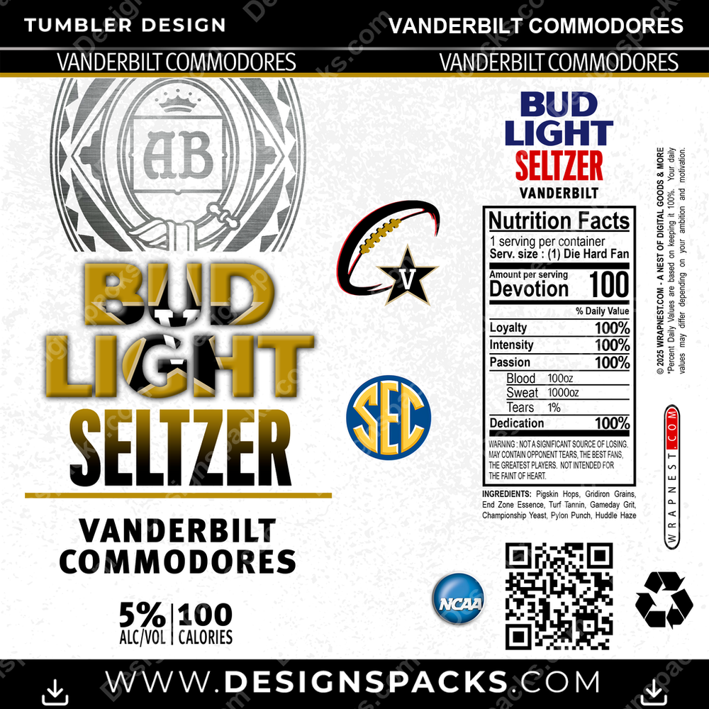 College Sport Bud Light Seltzer Vanderbilt Commodores Tumbler Digital Wrap Design