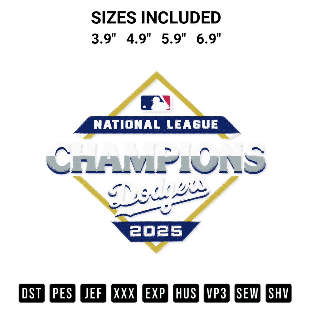 Looking for the perfect pattern? Download the Los Angeles Dodgers National League Champions 2025 Embroidery Design embroidery design today at Designspacks.com. Crisp, clean stitching guaranteed. Available sizes: 3.9", 4.9", 5.9", 6.9".