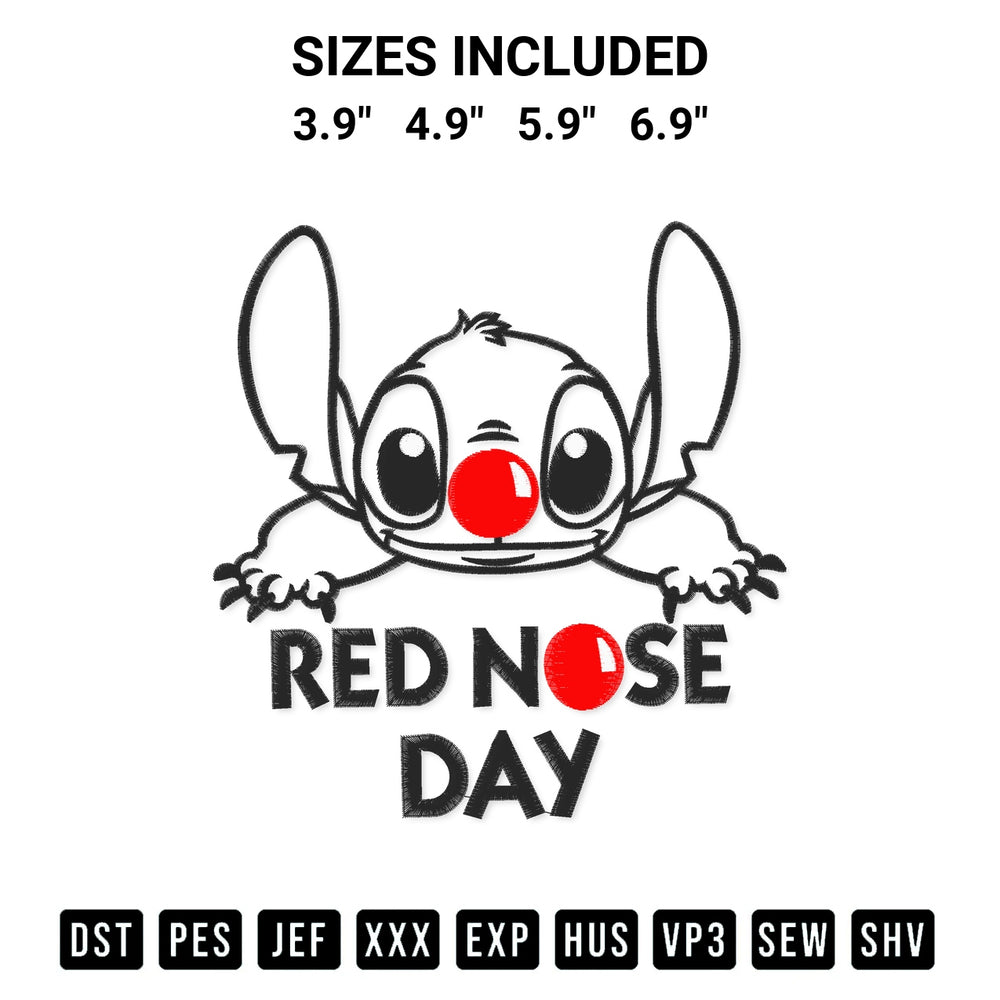 Download the Red Nose Day Funny Ohana Disney Stitch Embroidery Design machine embroidery design exclusively at Designspacks.com. Premium digitized pattern for apparel and DIY crafts. Available sizes: 3.9", 4.9", 5.9", 6.9".