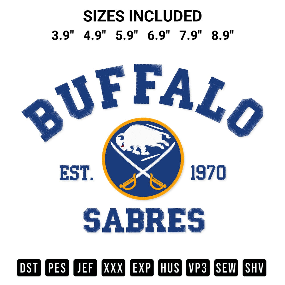 Add a unique touch to your apparel with the Buffalo Sabres Est 1909 Hockey Embroidery Design embroidery file. Premium instant download available now on Designspacks.com. Available sizes: 3.9", 4.9", 5.9", 6.9", 7.9", 8.9".