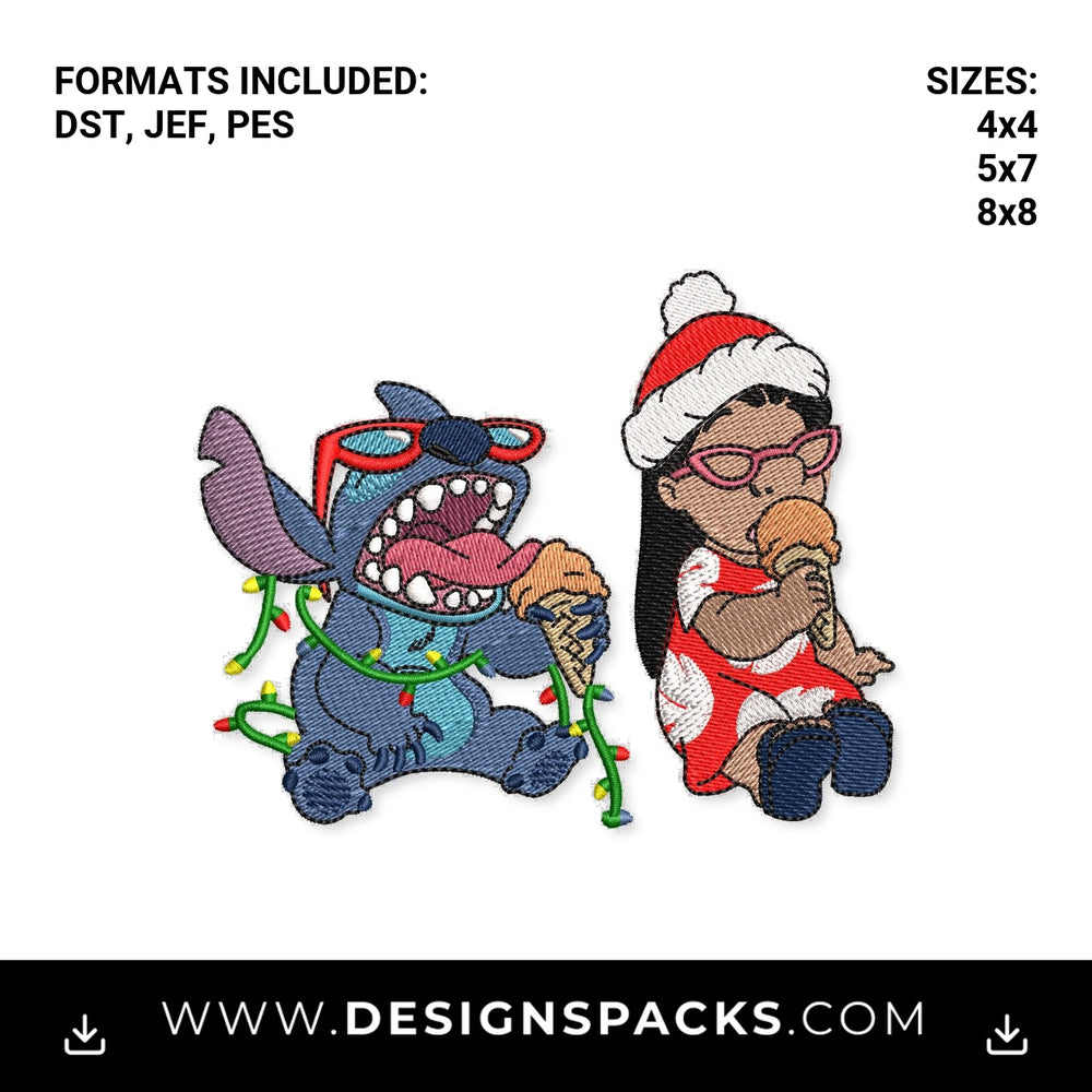Lilo & Stitch Christmas Ice Cream Embroidery Design - Instant digital download pattern at Designspacks.com