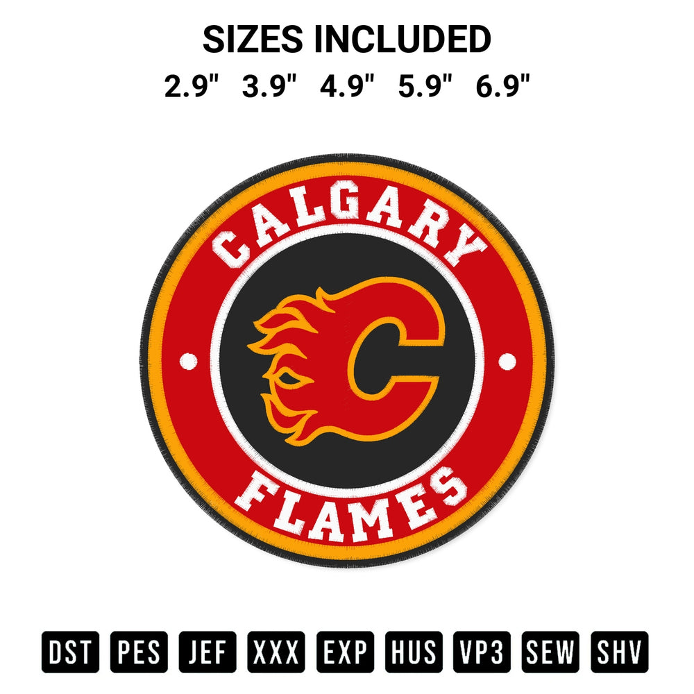 Download the Calgary Flames Circle Logo Embroidery Design machine embroidery design exclusively at Designspacks.com. Premium digitized pattern for apparel and DIY crafts. Available sizes: 2.9", 3.9", 4.9", 5.9", 6.9".